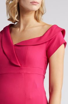 A bump-friendly party dress features a one-shoulder neckline and the joy of a pretty pink hue. One-shoulder neck Short sleeves Lined 96% viscose, 4% spandex Dry clean Imported Pink Off-shoulder Dress With Fitted Bodice, Pink Fitted Off Shoulder Dress For Formal Events, Formal Off-shoulder Dress With Asymmetrical Neckline For Summer, Elegant Pink Off-shoulder Dress For Formal Occasions, Formal Off Shoulder Dress With Asymmetrical Neckline For Summer, Pink Off-shoulder Formal Dress, Elegant Pink Off Shoulder Dress For Formal Occasions, Formal Off-shoulder Pink Dress, Chic Pink Off-shoulder Formal Dress