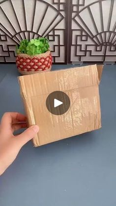 a person holding a brown box with a plant in it on top of a table