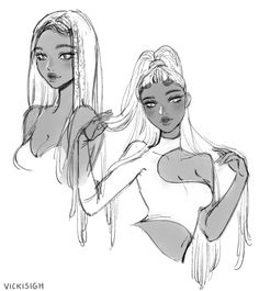 two drawings of women with long hair