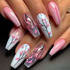 Nail Art Designs Pink And White, Cool Nail Art Ideas, Blossom Nail Art Designs, Long Pink Nail Designs, Pink And White Nail Designs, Blossom Nail Art, 2023 Celebration, Flower Nail Design, Nails With Flowers