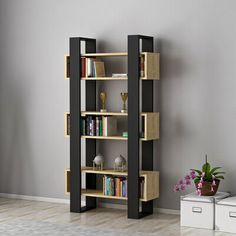 a book shelf with several books on it in the corner of a room next to a plant