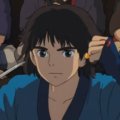 an anime character with black hair and blue eyes is looking at the camera while others watch