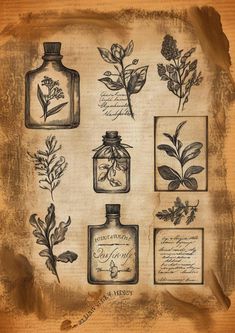 an old paper with different types of flowers and leaves in glass bottles on top of it