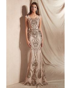 Sparkly Sequin-lace Gold Mermaid Formal Dress Long with Round Neck #27001b - GemGrace.com