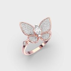 Round & Marquise Metamorphosis Moissanite Diamond Ring For Women Butterfly Shaped Diamond Ring With Diamond Accents, Butterfly Shaped Diamond Jewelry In Rose Gold, Elegant Butterfly-shaped Rings With Diamond Accents, Metamorphosis Design, Butterfly-shaped Diamond Accents Ring As Gift, Luxury Butterfly-shaped Fine Jewelry Rings, Whimsical Ring, Diamond Ring For Women, Diamond Butterfly