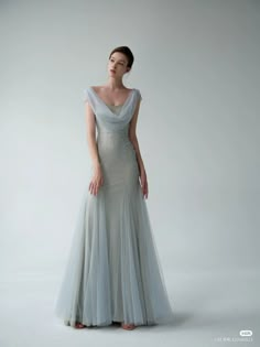 Tulle Dress Grey, Boat Neck Evening Gown, Aesthetic Evening Gown, Vintage Gala Dress, Ethereal Dress Blue, Elegant Gown Aesthetic, White Tie Dress Code Gowns, Anyone But You Dress, Light Blue Evening Gown