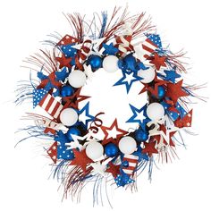 a patriotic wreath with red, white and blue decorations