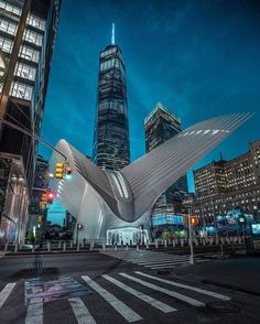 a large white bird statue in the middle of a city at night with tall buildings behind it