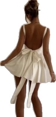 Summer Bridesmaid Dress With Lace-up Back, White Backless Mini Dress For Prom, White Bow Tie Back Evening Dress, White Evening Dress With Bow Tie Back, Backless Mini Dress With Tie Back For Bridesmaid, Summer Prom Dress With Back Opening, Elegant Homecoming Dress With Bow Tie Back, Flirty Tie Back Wedding Dress, Summer Homecoming Dress With Back Opening