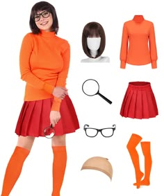 PRICES MAY VARY. Complete Costume Set: The Velma outfit includes the orange top, red skirt, glasses, wig, socks, and a magnifying glass, providing everything you need for a true-to-character transformation. Versatile Sizing Options: Designed for adult women, this women Velma costume skirt comes in various sizes, offering a tailored and confident look for every wearer. High-Quality Materials: Made with care, this Velma costume adult outfit is crafted from premium fabric, ensuring comfort, durabil Velma Outfit, Costumes With Glasses, Halloween Costumes Glasses, Velma Costume, Daphne Costume, Movie Character Costumes, Classic Movie Characters, Halloween Costume Outfits, Red Skirt