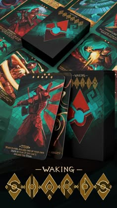 the front and back cover of an upcoming card game called waking, with images of various characters