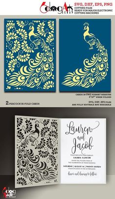 the wedding card is designed to look like a peacock