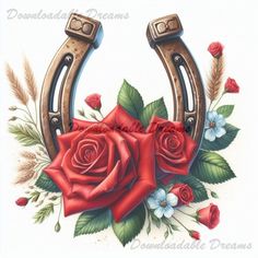 a drawing of a pair of horseshoes with roses on them