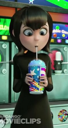 an animated character holding a drink in her hand