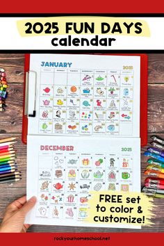 Examples of free printable 2025 fun days calendar featuring January and December. National Day Calendar 2025, Fun Calendar Ideas, Holiday Celebrations Around The World, Calendars 2025, National Holiday Calendar, Fun Activities With Kids, Free Printable Calendars