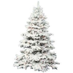 a white christmas tree with snow on the top and bottom branches, in front of a white background