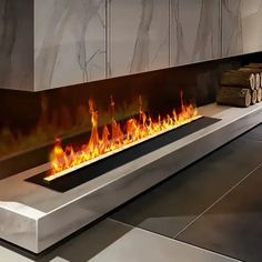 a modern fire place in the middle of a room