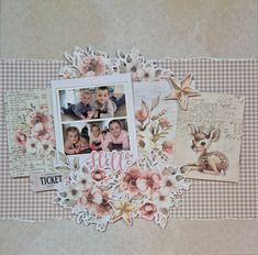 a scrapbook page with photos and flowers