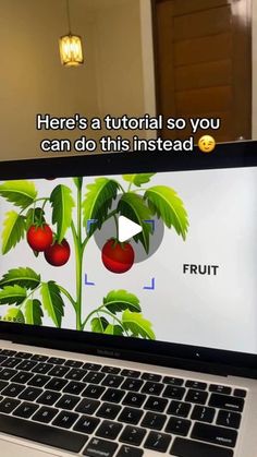 an open laptop computer sitting on top of a white desk with a video screen showing fruit