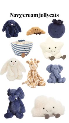 many stuffed animals are shown together in this image