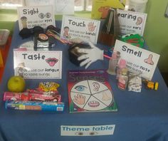 the table is set up with signs and other items to help children learn how to spell