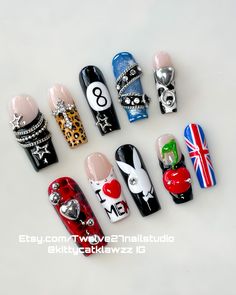 Y2k Pop Punk Inspired Press on Nails. LIMITED EDITION Drop only 2 will be available **  Hand painted nails and hand sculpted 3d designs topped with chains and nail charms! These are absolutely gorgeous and perfect for living your y2k fashion fantasy.  *Charms may vary depending upon Length *    These are  Hand painted soft gel press on nails. Each kit comes complete with 10 nails, buffer, file, alcohol wipe, wooden cuticle pusher, nail glue and sticky tabs.  Custom colors can be requested but are made to order and may have a longer processing time. *all press ons come pre-etched on the inside of the tip for better adhesion to your natural nails* variations may occur depending on length and/or shape. No two sets are completely alike. Nails can be reused if they are removed with care . All s Black And Neon Nails, Nail Inspo Y2k, Nails Leopard Print, Nails Cherry, Nails Leopard, Horror Nails, Nails Y2k, December Nails, Nails 3d