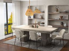 a dining room table with chairs and shelves on the wall behind it in front of a large window