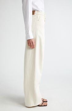 Pressed creases add definition to the wide-cut legs on these high-waisted pants cut from a midweight organic-cotton denim. Zip fly with button closure Five-pocket style 100% organic cotton Machine wash, line dry Made in Italy Designer Clothing Beige Wide Leg Pants With Five Pockets For Work, Beige Wide Leg Pants With Five Pockets, Classic Cream Jeans For Workwear, Classic Cream Wide Leg Jeans, Cream Wide Leg Jeans For Work, Wide Leg Cream Jeans For Work, Beige Wide-leg Jeans With Five Pockets, Beige Wide-leg Jeans, Modern High Waist Wide Leg Cotton Pants