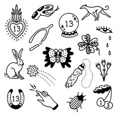 black and white drawing of numbers with animals, flowers, and other things on it