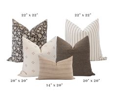 four pillows with different sizes and colors are shown in the same size as each pillow