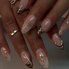 0A0263 Almond Gold Chrome French Tip 3d Design Nail Glue Included Abstract , Custom Stars and Gems - Etsy