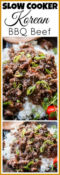 slow cooker korean bbq beef recipe with rice and green onions on the side