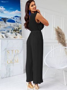 Material:90-95% Polyester.Features: Solid color. sleeveless. ruffle. belt. pleated. long pants. wide-leg. jumpsuits.Style: Casual. office. Sleek Jumpsuit, Midi Skirt Casual, Peplum Midi Dress, Pleated Jumpsuit, Bodycon Tops, Cutout Maxi Dress, Black Peplum, Blue White And Black, Casual Office