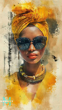 a painting of a woman wearing sunglasses and a yellow turban