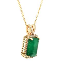 4.85 Ctw Emerald and 0.30 Ctw White Diamond Pendant in 14K YG W/Chain Metal-3.39 Grams Luxury Yellow Gold Emerald Necklace With Prong Setting, Color Grading, Emerald Gemstone, Green Gemstones, 1 Carat, Diamond Gemstone, Gold Material, Spring Rings, Gemstone Colors