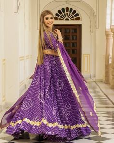 Beautiful Purple Lehenga Set - www.riafashions.com Long Lehenga, Sitara Work, Bandhani Lehenga, Purple Lehenga, Navratri Dress, Flowers Fabric, Silk Lehenga, Silk Dupatta, Color Purple