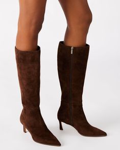 LUCID Brown Suede Pointed Toe Kitten Heel Boot | Women's Boots – Steve Madden Elegant Tall Mid-calf Boots For Fall, Classic Fitted Suede Knee-high Boots, Elegant Wide Calf Tall Mid-calf Boots, Elegant Brown Knee-length Boots, Elegant Knee-length Brown Boots, Elegant High Shaft Knee-high Boots For Fall, Classic Fitted Knee-length Boots, Elegant Knee-high Boots For Fall, Chic Mid-calf Fitted Heeled Boots