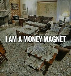 a living room filled with furniture covered in money