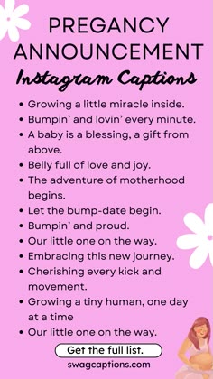 a pink background with white flowers and the words, pregnant announcement instagramn caption