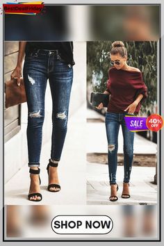 Fashion Denim Pencil Pants Ripped Skinny Jeans for Women Dark Wash Bottoms With Zipper Closure For Fall, Mid-rise Jeans With Zipper Closure For Fall, Fall Ripped Mid-rise Jeggings, Ripped Mid-rise Jeggings For Fall, Slim Fit Jeans With Zipper Closure For Fall, Ripped Fitted Jeggings For Fall, Trendy Denim Jeggings For Fall, High Waist Jeggings For Fall, Ripped Stretch Jeggings For Fall