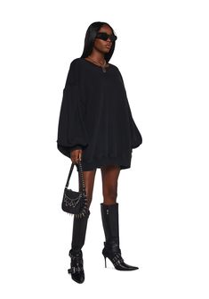 This sweatshirt dress has a soft knit construction with a crew neckline, large balloon sleeves, ribbed knit cuffs and hem, and an oversized fit. Dress Poster, Faux Fur Outfit, Festival Shop, Oversized Dress, Holiday Party Outfit, Bottom Clothes, Sweatshirt Dress, Balloon Sleeves, Corset Dress