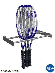 two tennis rackets are attached to the back of a racket holder with three black and blue handles