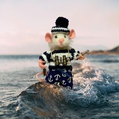 a mouse in a sailor's outfit riding on top of a wave