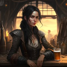 a woman sitting at a table with a glass of beer