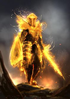 a digital painting of a man with fire in his hands