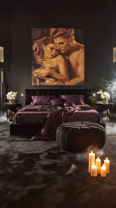 a bed room with a large painting on the wall and candles in front of it