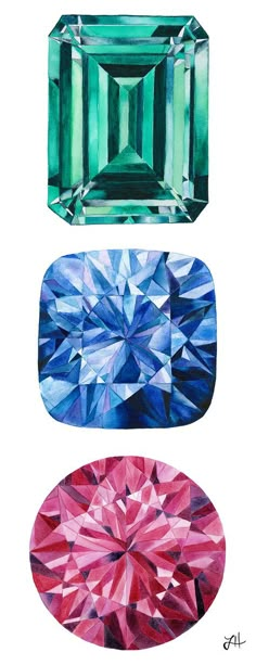 three different colored diamonds are shown in this drawing, one is green and the other is pink