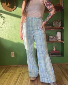 Vintage 70's bell bottoms. No brand or material tag. Care tag reminds me of Graff though. No flaws. Super high waisted.  . Measurements: Waist - 15"  Rise - 14" Hip - 20" Inseam - 27" 70s Inspired Flare Bottoms For Spring, Retro Wide Leg Flares For Spring, Trendy Blue Wide Leg Flares, Blue Straight Leg Flares For Spring, Retro Wide Leg Bottoms With Relaxed Fit, Retro Relaxed Fit Wide Leg Bottoms, 70s Inspired Fitted High Waist Bottoms, Casual Spring High-waisted Flares, Retro High Rise Pants For Summer