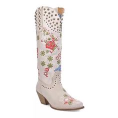 Be A Cowgirl Unlike Any Other Wearing These Stylish Dingo Poppy Women's Leather Cowgirl Boots. Boot Features Soft Embroidered Flowers Stud Accents On The Top And Pull-Strap Boot Construction Leather Upper Polyester Lining Tpr Outsole Boot Details Pointed Toe Pull-On Foam Footbed 2.5-In. Heel 14-In. Shaft 12-In. Circumference Nwt. Sole Marked To Prevent Store Returns Floral Embroidered Boots For Spring Festival, Floral Embroidery Boots For Spring Festival, Casual Boots With Floral Embroidery And Round Toe, Spring Festival Boots With Round Toe, White Bohemian Boots With Round Toe, Bohemian Style Boots For Spring, Embroidered Western Boots For Summer, Western Embroidered Boots For Summer, Embroidered Western Summer Boots