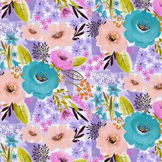 an image of a flowery pattern on a purple and pink background with blue flowers